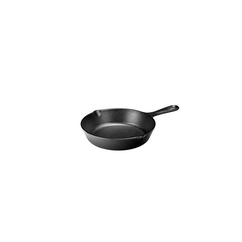 Interior view of skillet, has a long handle and 2 pour spouts.
