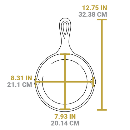 Dimensional drawing of product. Total length is 12.75 inches, width of cooking surface is 8.31 inches, length of cooking surface is 7.93 inches.