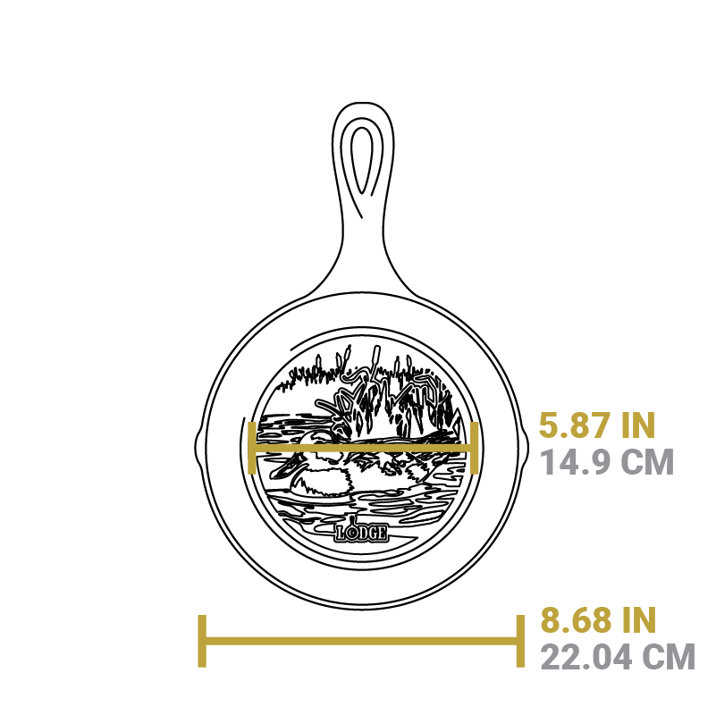 Dimensional drawing of product. Flat bottom width is 5.87 inches, full width of skillet is 8.68 inches.