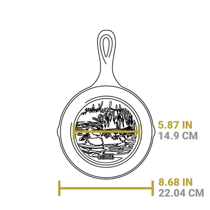 Dimensional drawing of product. Flat bottom width is 5.87 inches, full width of skillet is 8.68 inches.