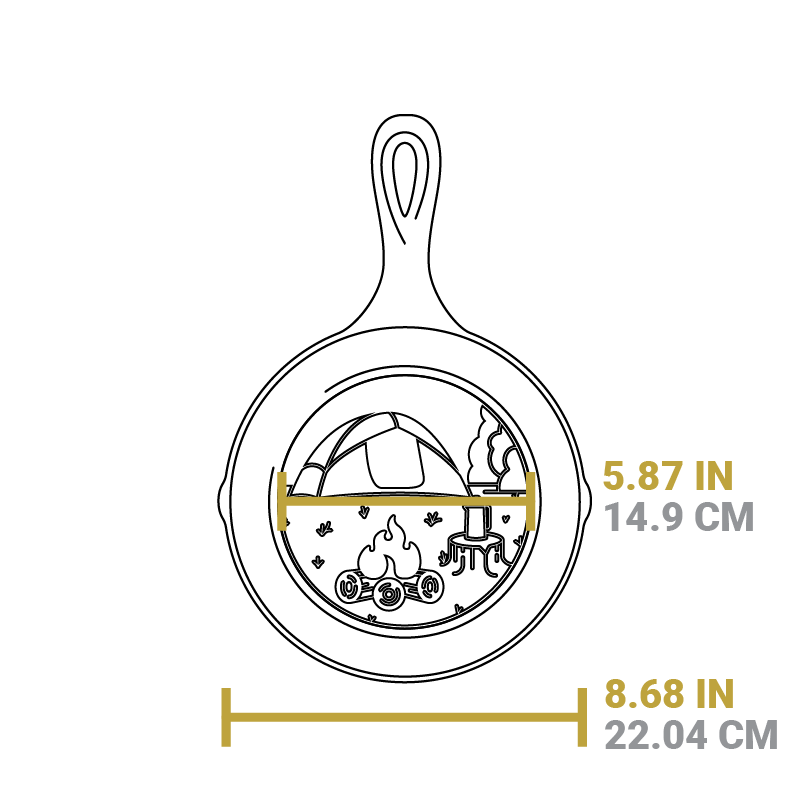 Dimensional drawing of product. Width of flat bottom is 5.87 inches, total width is 8.68 inches.