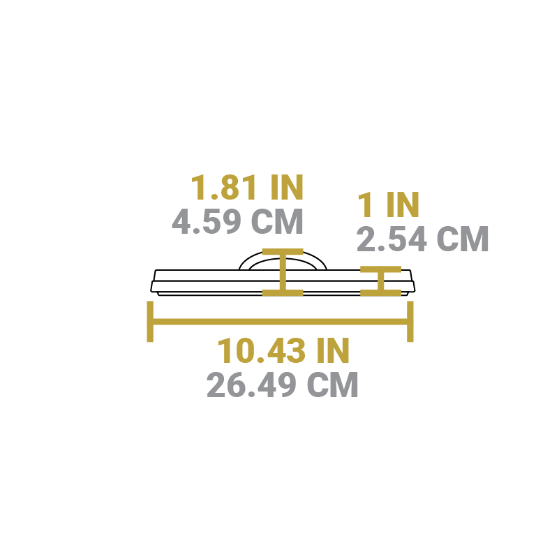 Dimensional drawing of camp dutch oven. Lid width is 10.43 inches.