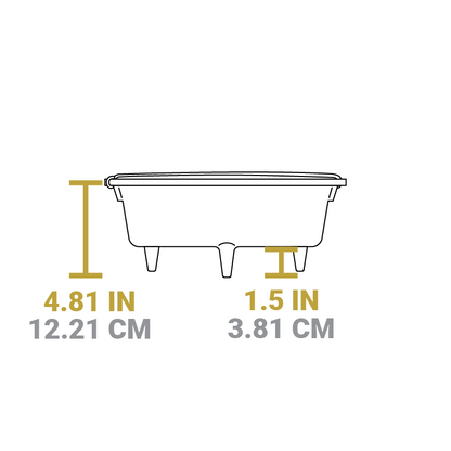 Dimensional drawing of camp dutch oven. Height of dutch oven is 4.81 inches, height of legs is 1.5 inches.