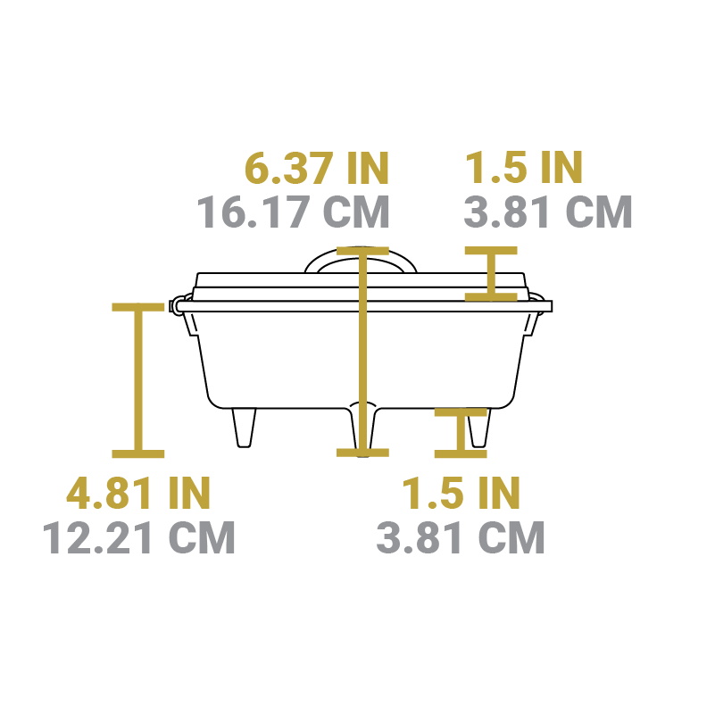 Dimensional drawing of camp dutch oven. Total height is 6.37 inches, height of lid is 1.5 inches, height of cooking area is 4.81 inches.