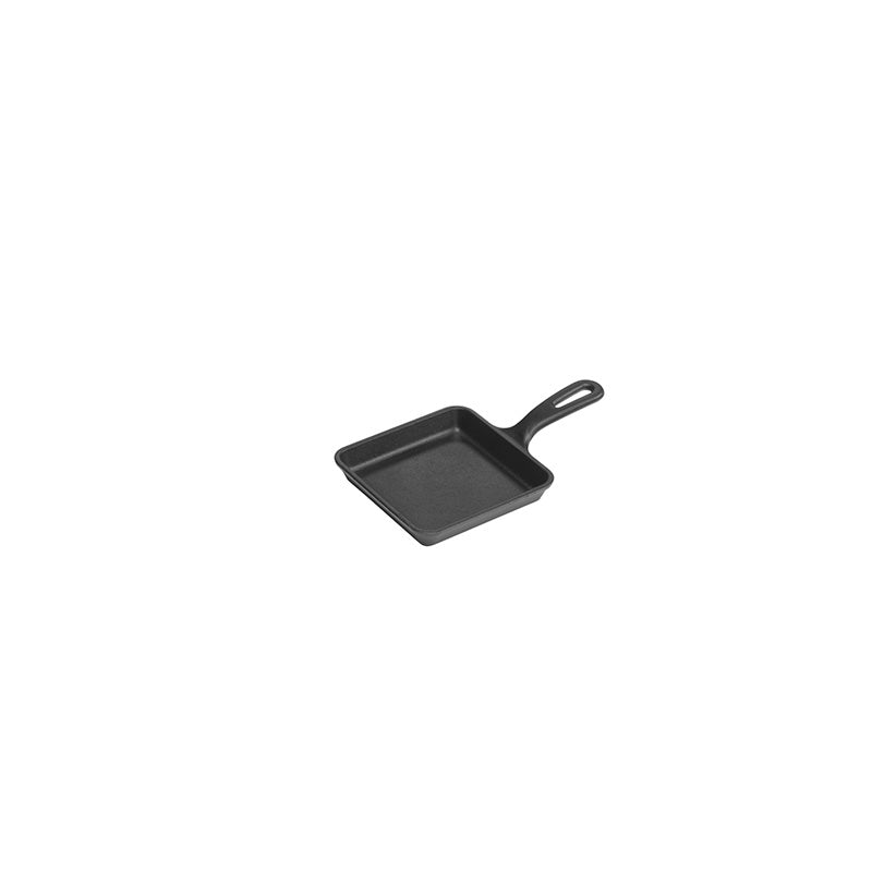Square skillet with round corners and long handle.