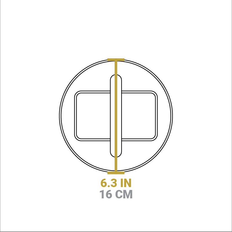 Dimensional drawing of product. Diameter is 6.3 inches.