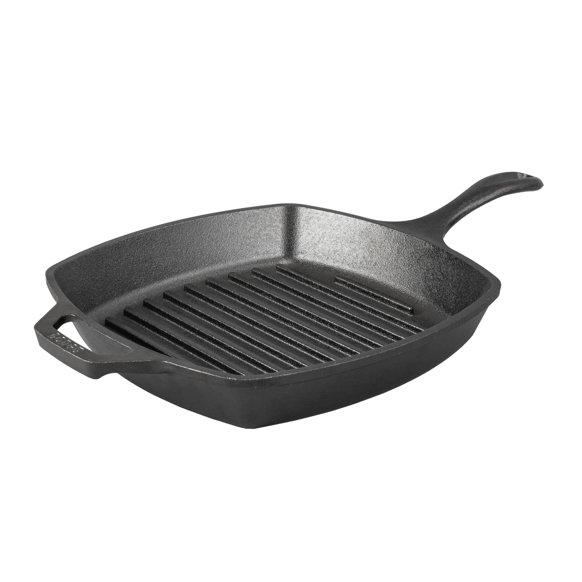 A black square cast iron grill pan with a long handle and a loop handle.