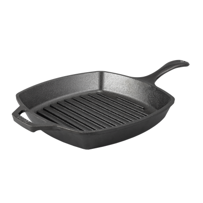 A black square cast iron grill pan with a long handle and a loop handle.