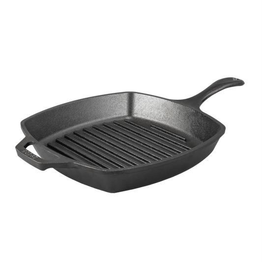 Cast iron grill pan with a long handle and a loop handle.