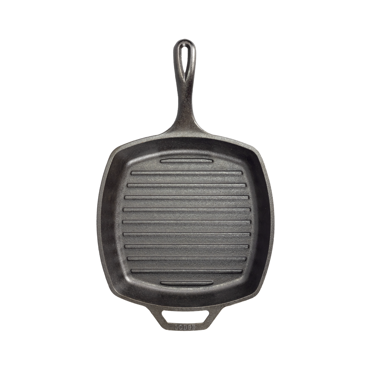 Top view of pan featuring round corners and edges, and grill lines on cooking surface.