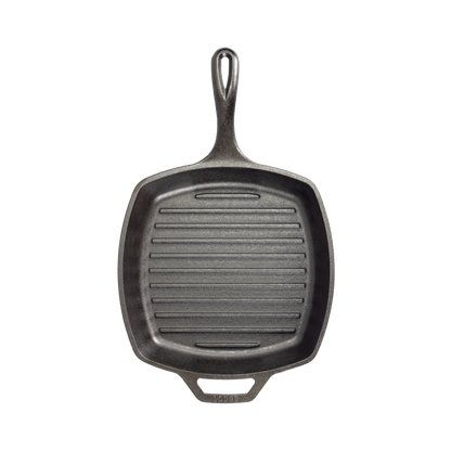 Top view of pan featuring round corners and edges, and grill lines on cooking surface.