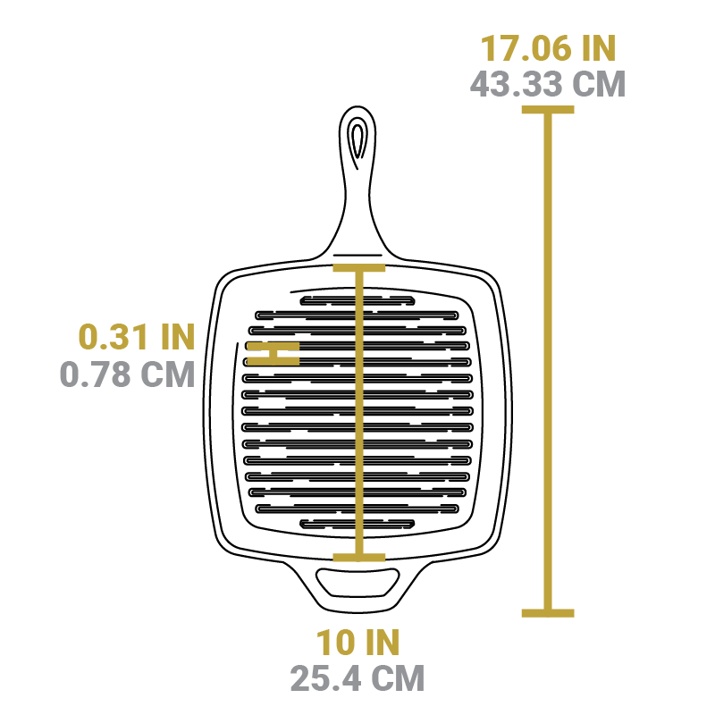 Dimensional drawing of product. Total length is 17.06 inches, length of cooking surface is 10 inches, space between grill lines is 0.31 inches.