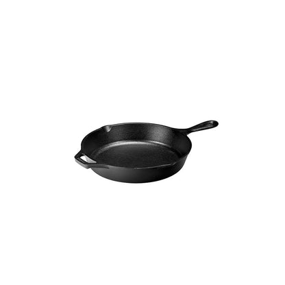 Side view of skillet showing cooking surface, long handle, loop handle, and 2 pour spouts.
