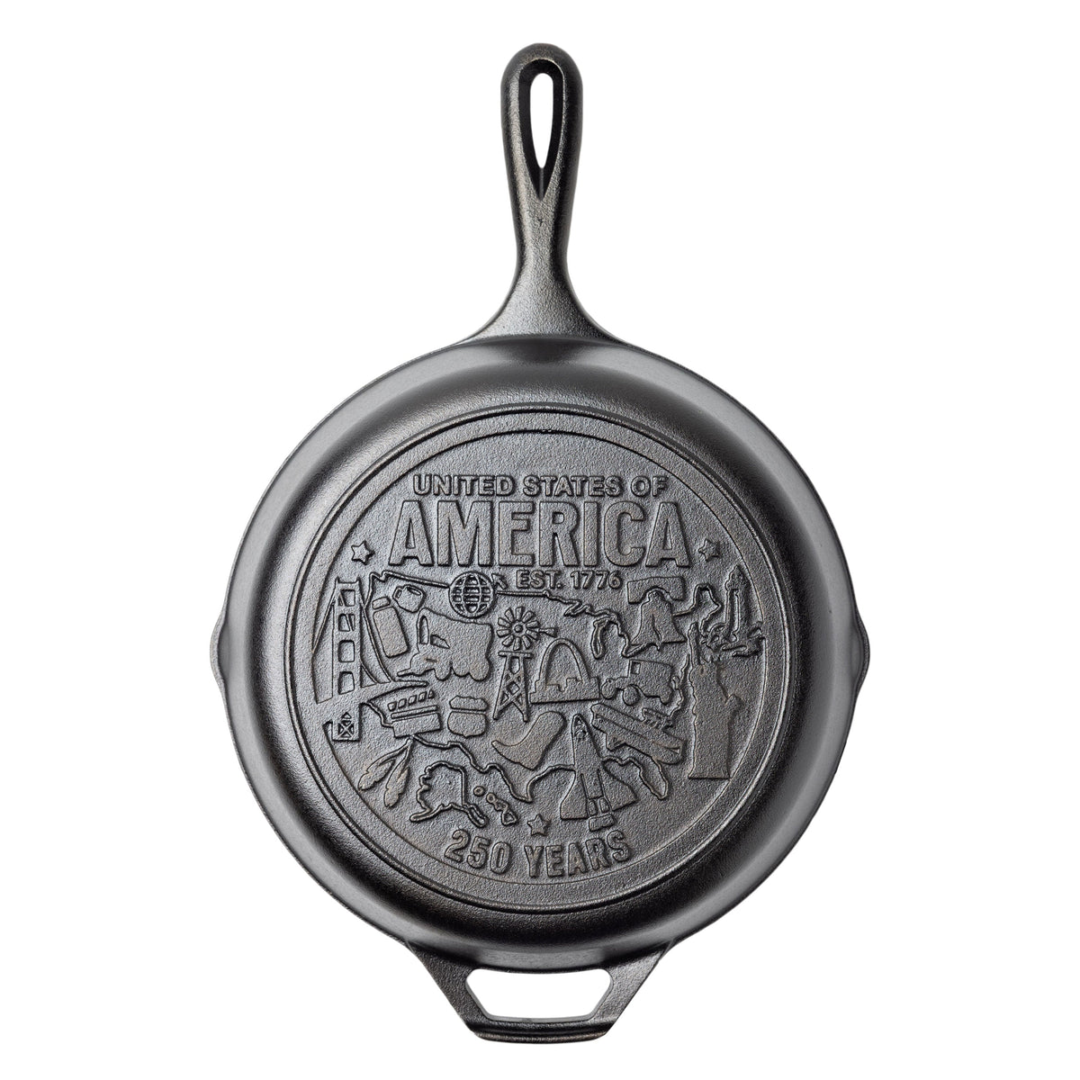 Cast iron skillet with engraved design on back featuring monuments and icons from around the country.
