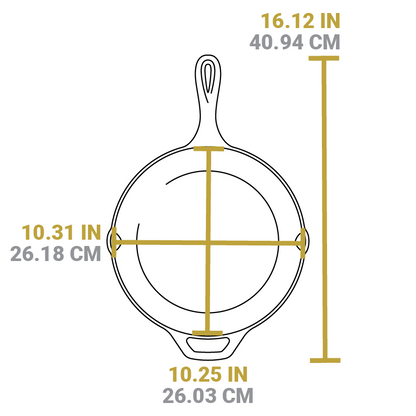 Dimensional drawing of product. Full length is 16.12 inches, length of cooking surface is 10.25 inches, width of cooking surface is 10.31 inches.
