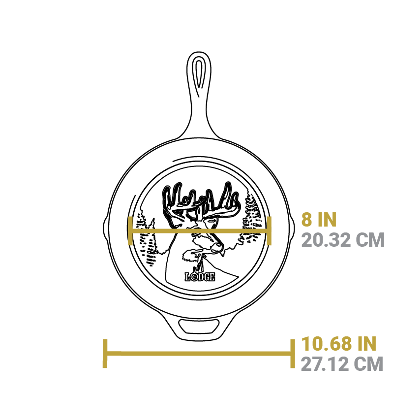 Dimensional drawing of skillet. Width of flat bottom is 8 inches, total width is 10.68 inches.