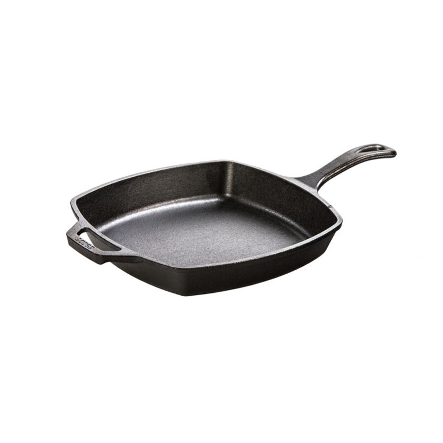 Square skillet with round corners and long handle.