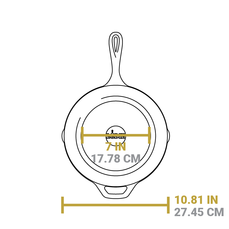 Dimensional drawing of the skillet. Flat bottom is 7 inches, full bottom width is 10.81 inches.