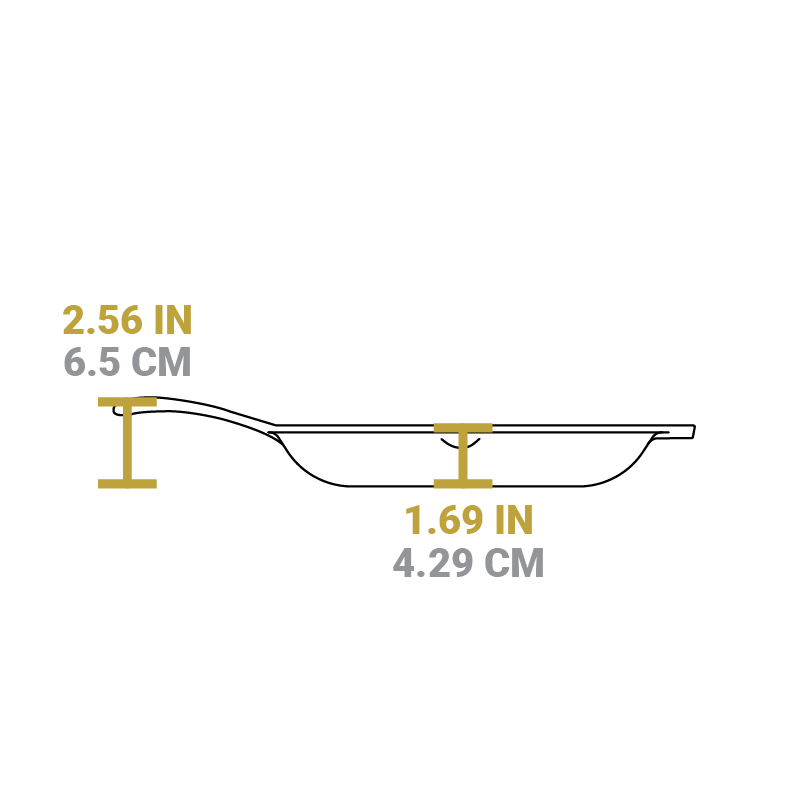 Dimensional drawing of the skillet. Height of cooking surface is 1.69 inches. total height including handle is 2.56 inches.