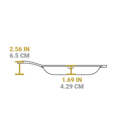 Dimensional drawing of the skillet. Height of cooking surface is 1.69 inches. total height including handle is 2.56 inches.