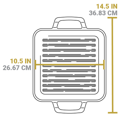 Dimensional drawing of grill pan. Width of pan including handles is 14.5 inches, length of cooking surface is 10.5 inches.
