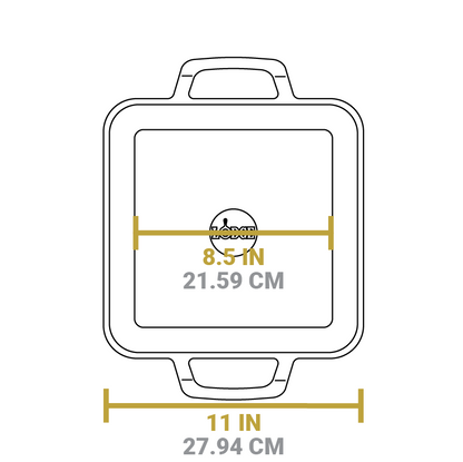 Dimensional drawing of grill pan. Total length is 11 inches, length of flat bottom is 8.5 inches.