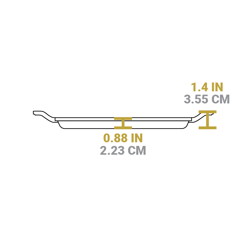 Dimensional drawing of product. Height of handles is 1.4 inches, depth of cooking surface is 0.88 inches.