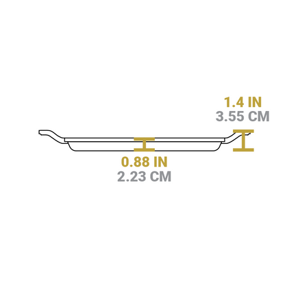 Dimensional drawing of product. Height of handles is 1.4 inches, depth of cooking surface is 0.88 inches.