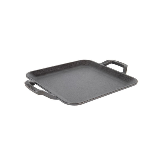 Black cast iron square griddle with handles.