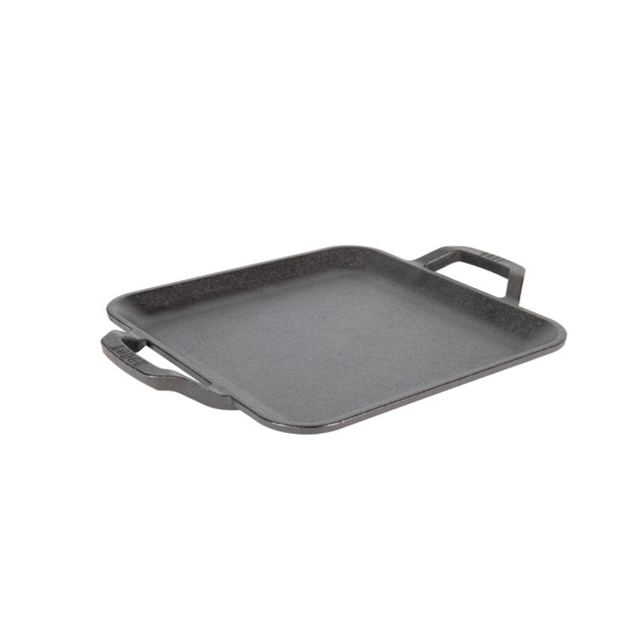 Black cast iron square griddle with handles.