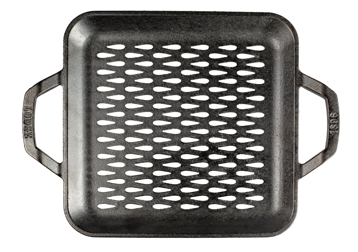 Top view of square shaped pan, with rounded corners and tear-drop shaped perforations.