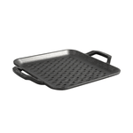 Black cast iron grill pan with perforations and handles on a white background