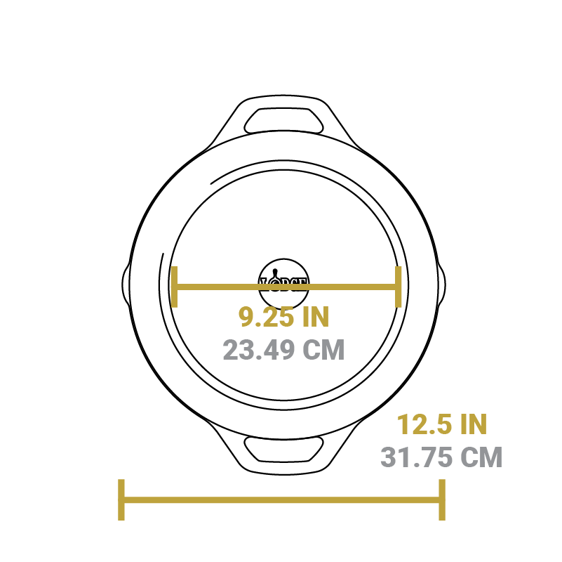 Dimensional drawing of pan. Total width is 12.5 inches, width of flat bottom is 9.25 inches.