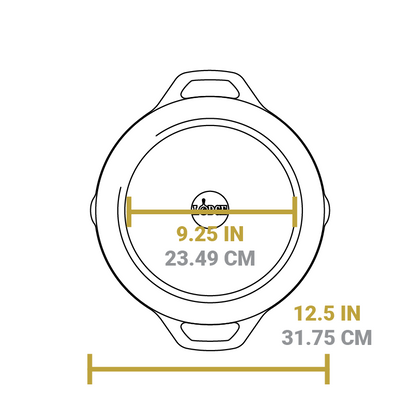 Dimensional drawing of pan. Total width is 12.5 inches, width of flat bottom is 9.25 inches.