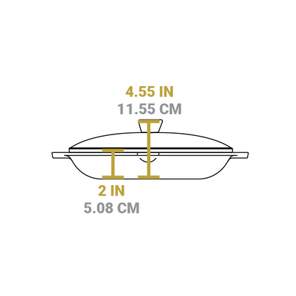 Dimensional drawing of product. Height of both piece together is 4.55 inches, height of pan is 2 inches.