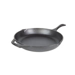 Black cast iron skillet with long handle and loop handle on opposite sides, along with 2 pour spots.