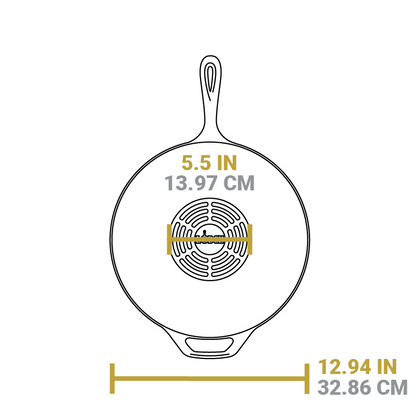 Dimensional drawing of product. Total width is 12.94 inches, width of flat bottom is 5.5 inches.