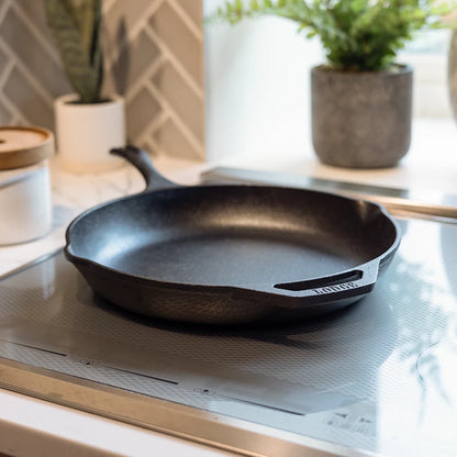Cast iron skillet on stove.