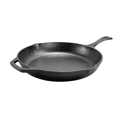 Black cast iron skillet with long handle and loop handle on opposite sides, along with 2 pour spots.