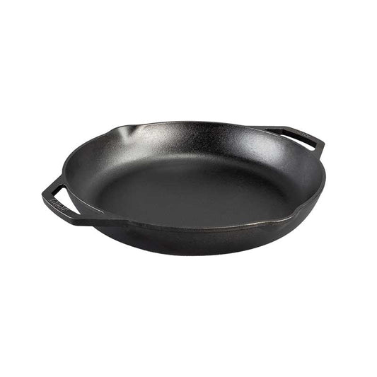 Black cast iron skillet with 2 loop handles and 2 pour spouts.