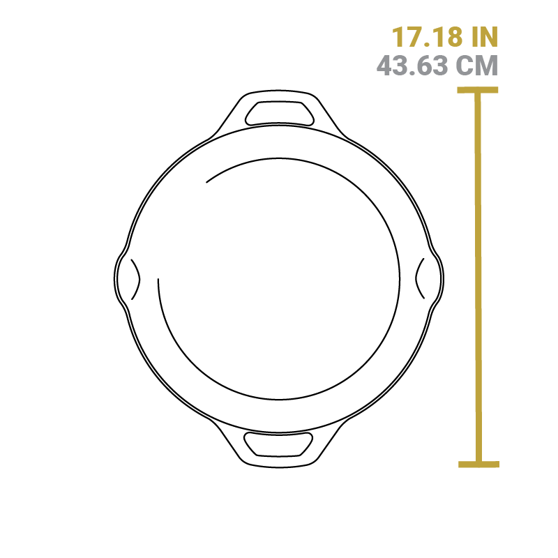 Dimensional drawing of product. Total width including handles is 17.18 inches.