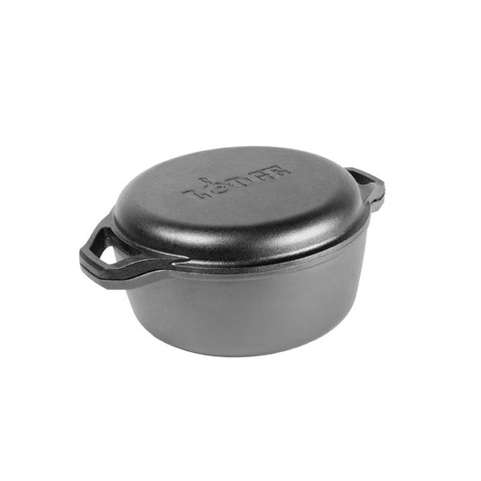 A black cast iron double dutch oven with a lid and loop handles on both pieces, featuring the brand name 'Lodge' on the top.
