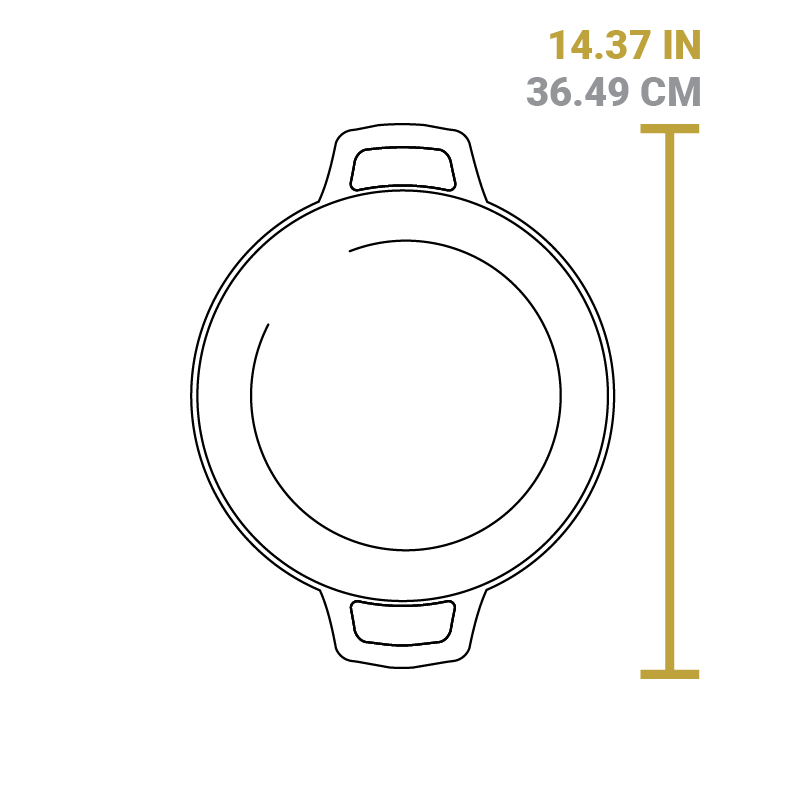 Dimensional drawing of product. Width of dutch oven including handles is 14.37 inches.