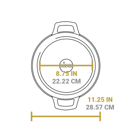 Dimensional drawing of product. Total length of dutch oven portion is 11.25 inches, length of flat bottom is 8.75 inches.