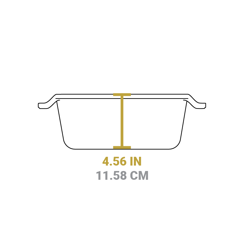 Dimensional drawing of product. Depth of dutch oven is 4.56 inches.
