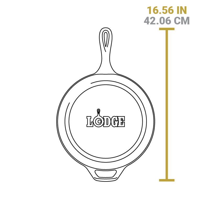 Dimensional drawing of skillet piece. Total length is 16.56 inches.