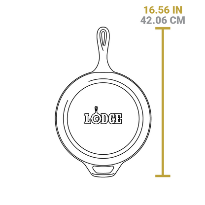 Dimensional drawing of skillet piece. Total length is 16.56 inches.