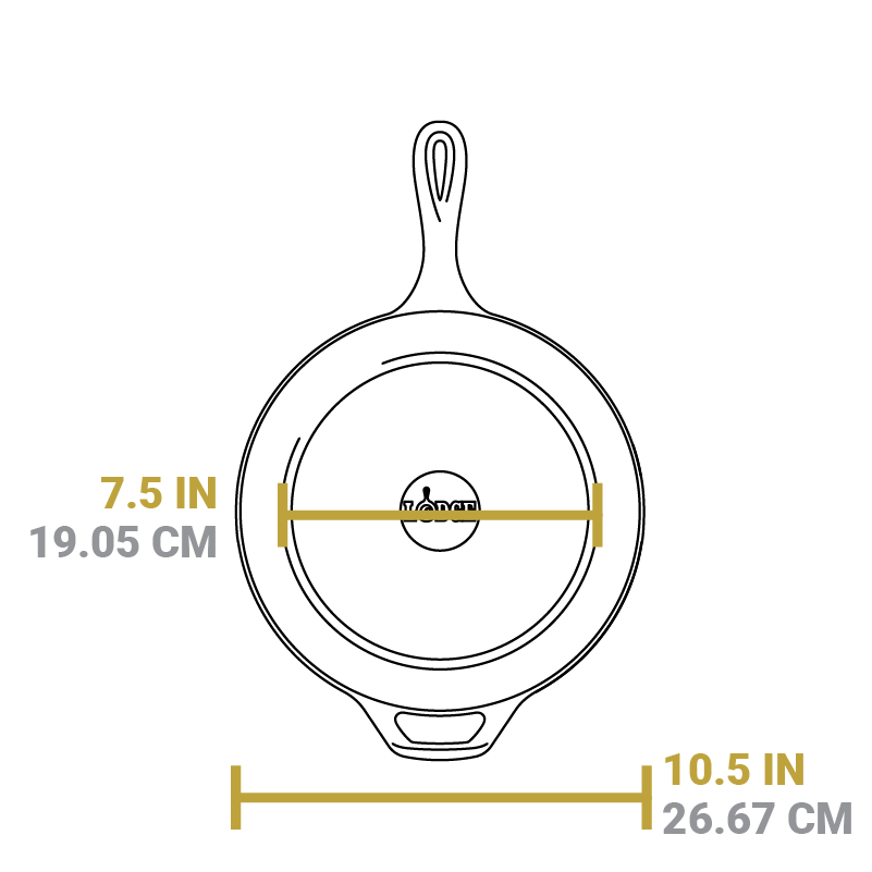 Dimensional drawing of deep skillet piece. Length is 10.5 inches, length of flat bottom is 7.5 inches.