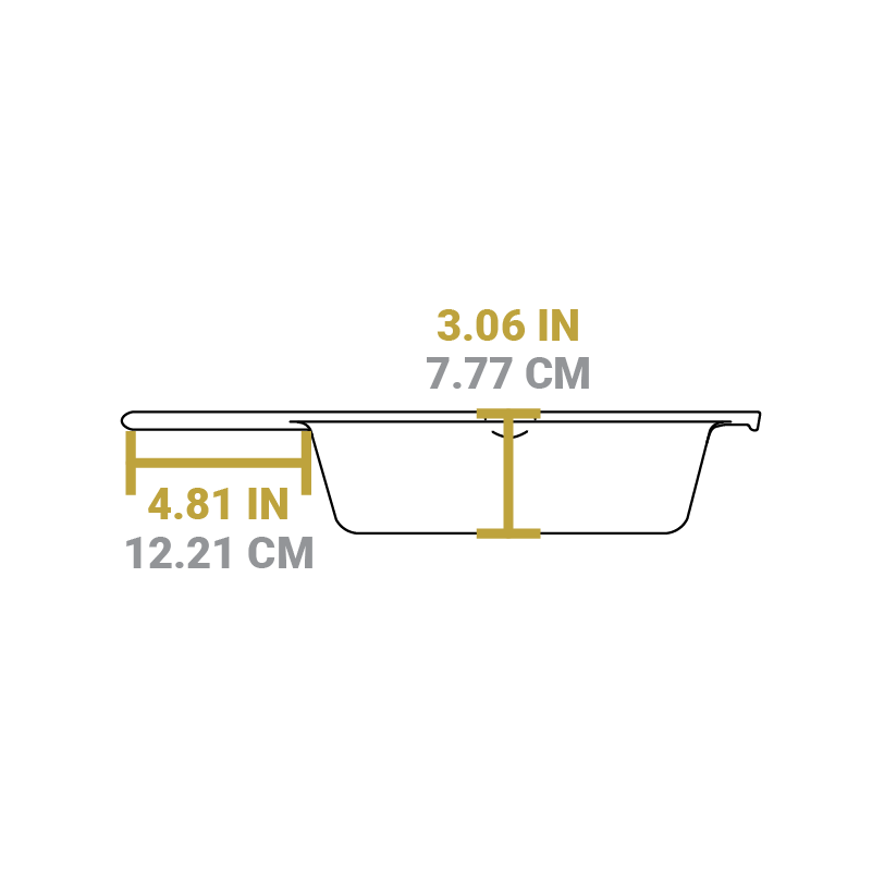 Dimensional drawing of deep skillet piece. Length of handle is 4.81 inches, height of skillet is 3.06 inches.