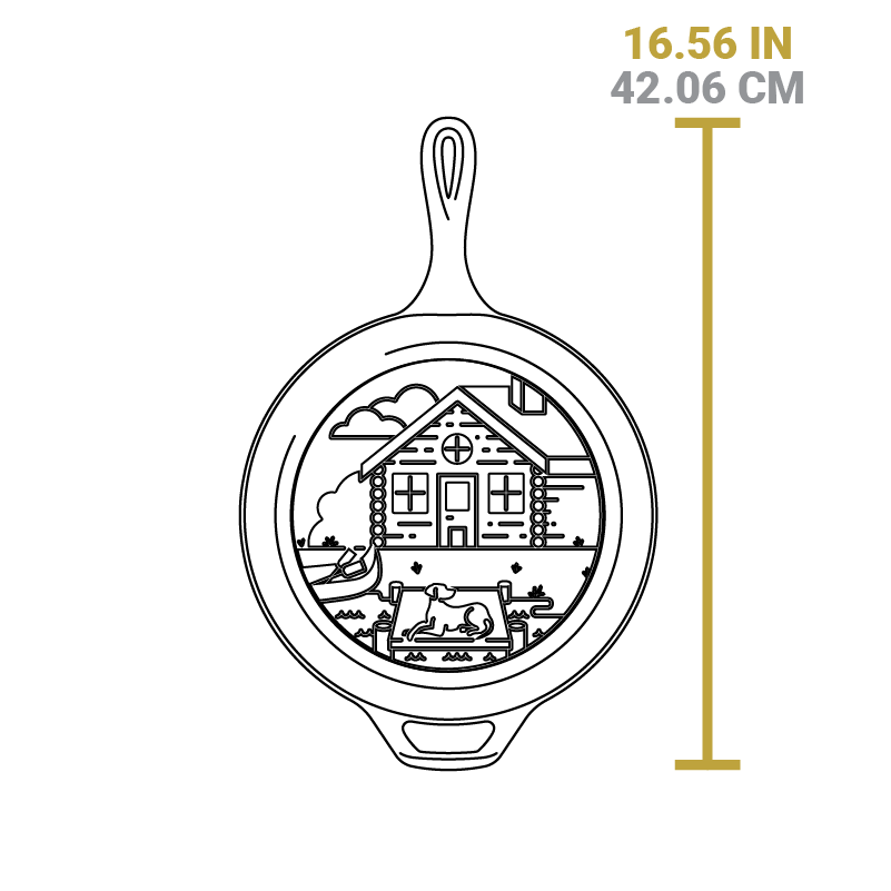 Dimensional drawing of skillet piece. Total length including handles is 16.5 inches.